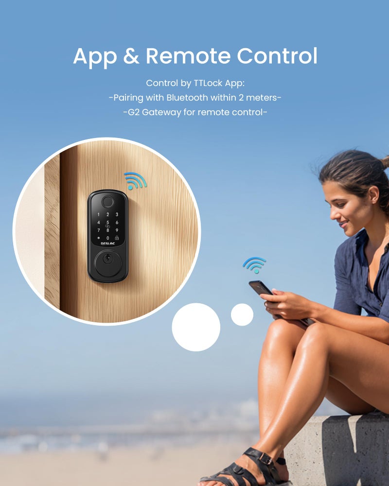 DESLOC Smart Lock B200 إصدار WiFi بصمة الإصبع بدون مفتاح قفل باب الدخول تطبيق التحكم عن بعد أقفال ذكية للباب الأمامي WiFi Deadbolt Smart Lock منفذ طاقة الطوارئ 12 شهرًا قفل تلقائي للبطارية - Image 3